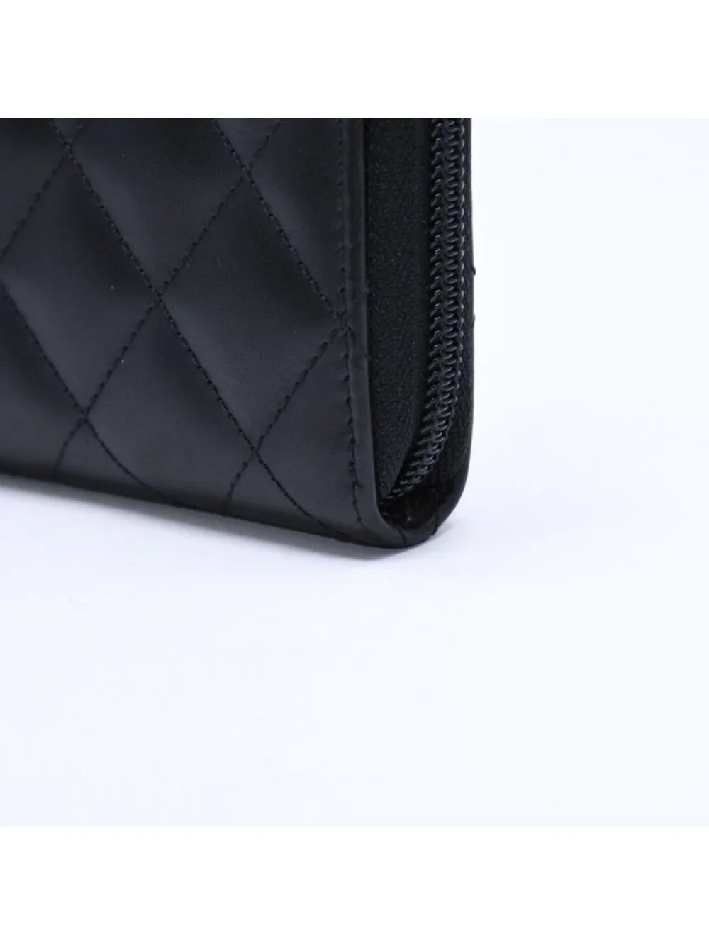 Chanel Cambon Line Round Zip Wallet Calfskin Black Silver